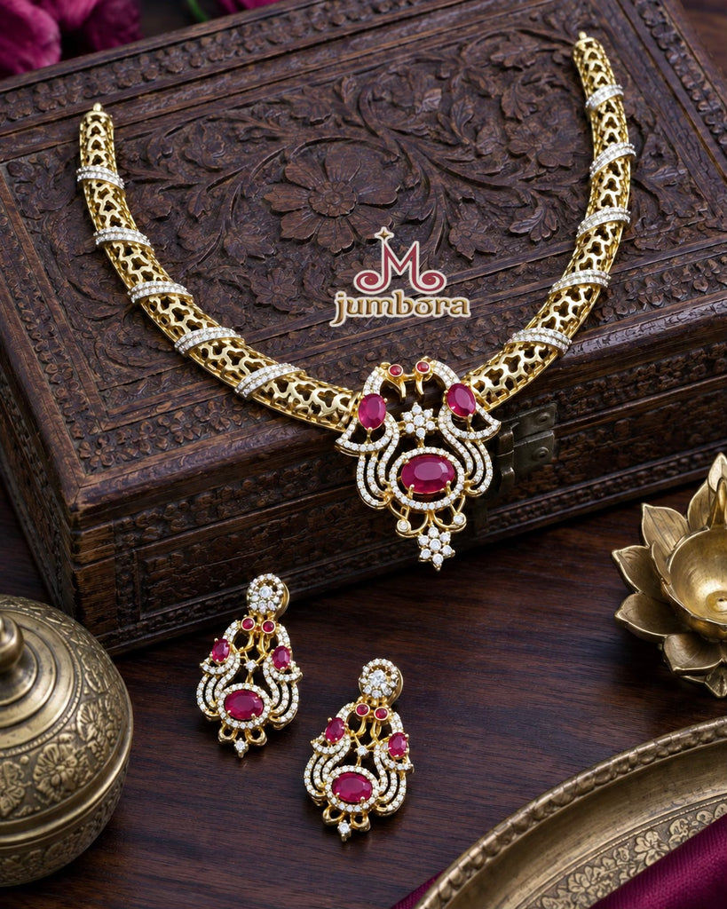 Dual Tone Ruby Pink and White Kante CZ (Zircon) American Diamond (AD) Necklace Set