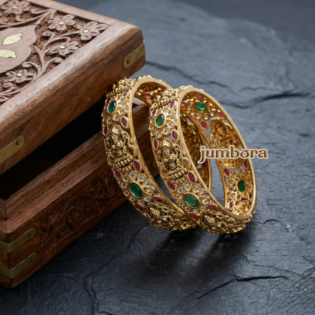 Antique Gold Lakshmi Temple Jewelry Bangle with white, Ruby & Green CZ AD Stone