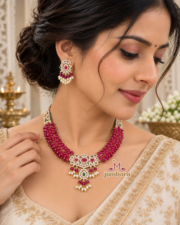 Ruby Pink Hydro Crystal CZ (Zircon) American Diamond (AD) Choker Necklace Set