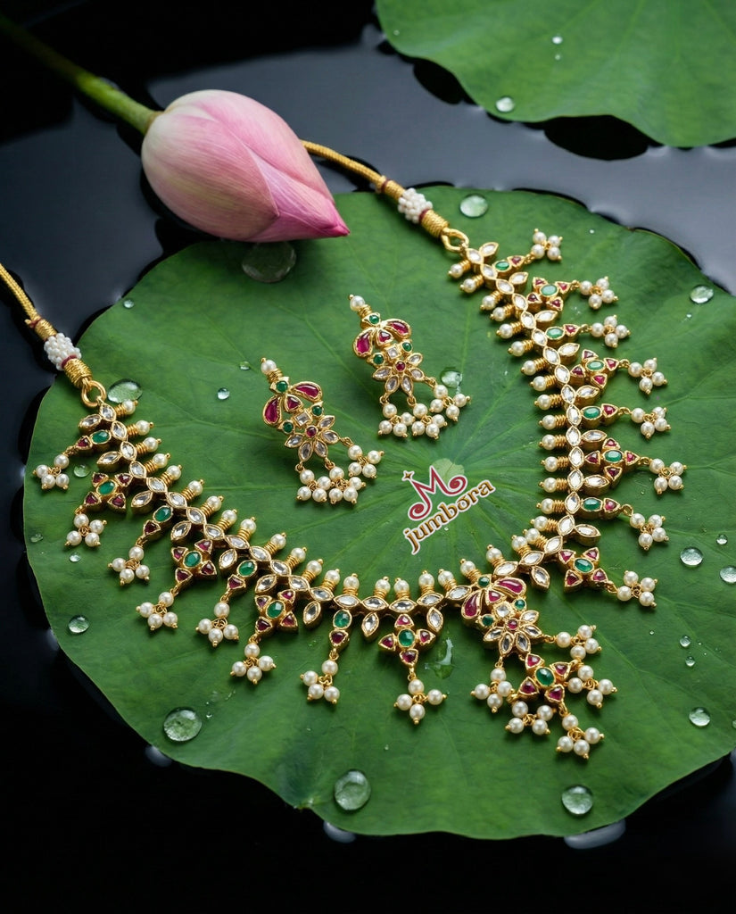 Gold Finish Guttapusalu Necklace Set with Kemp (Kempu) & Uncut CZ Stones