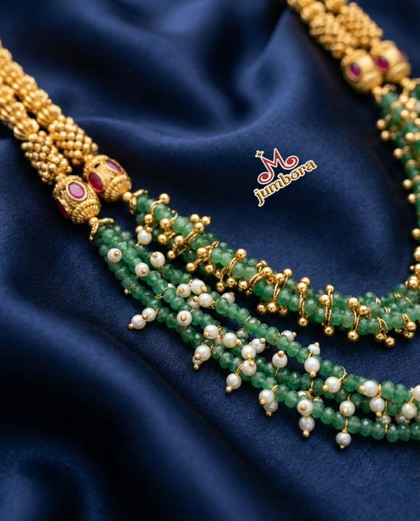 Gold Finish Layered Green Beaded Handmade Mala Necklace Close up view