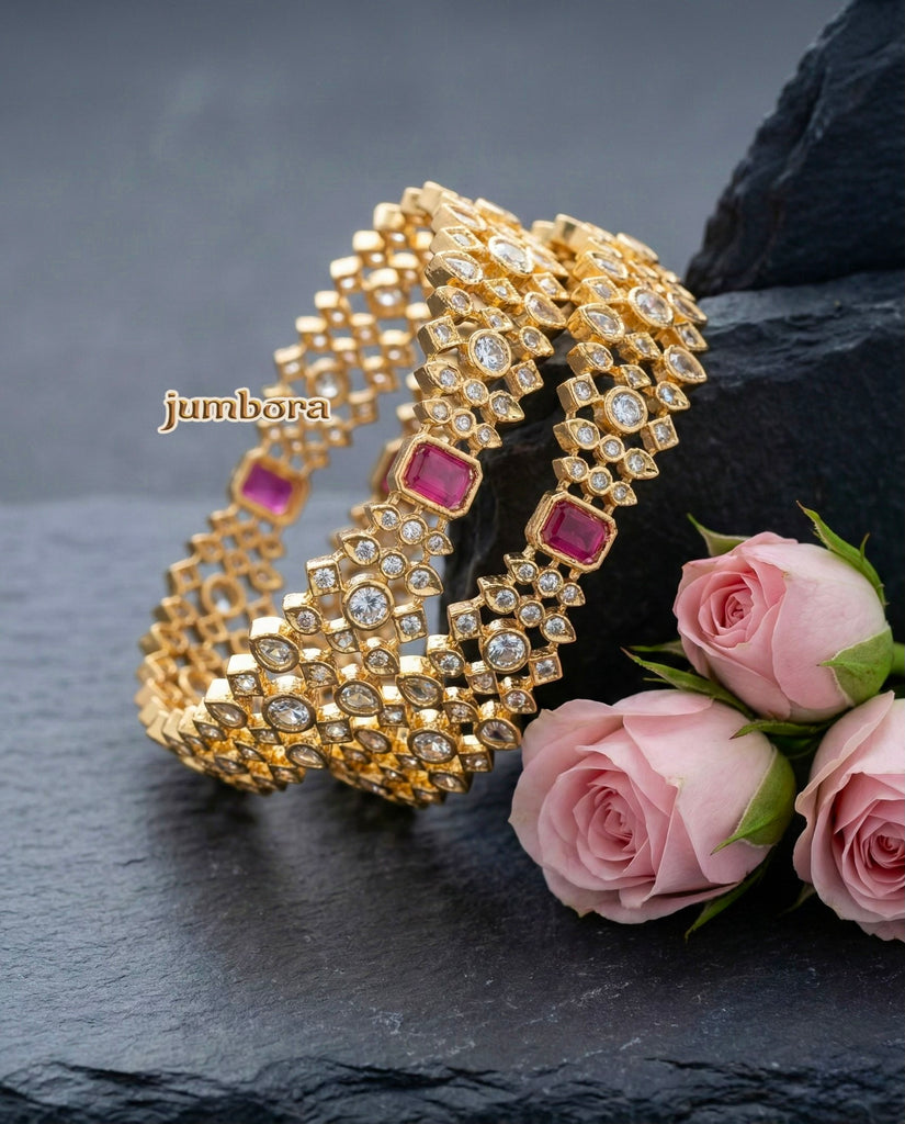 Gold Finish White & Ruby Red CZ Stone Designer Bangles (Pair)