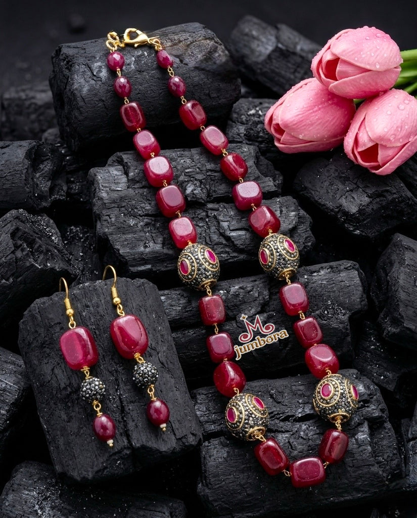 Handmade Crimson Glow Artisan Beaded Necklace Set Ruby red