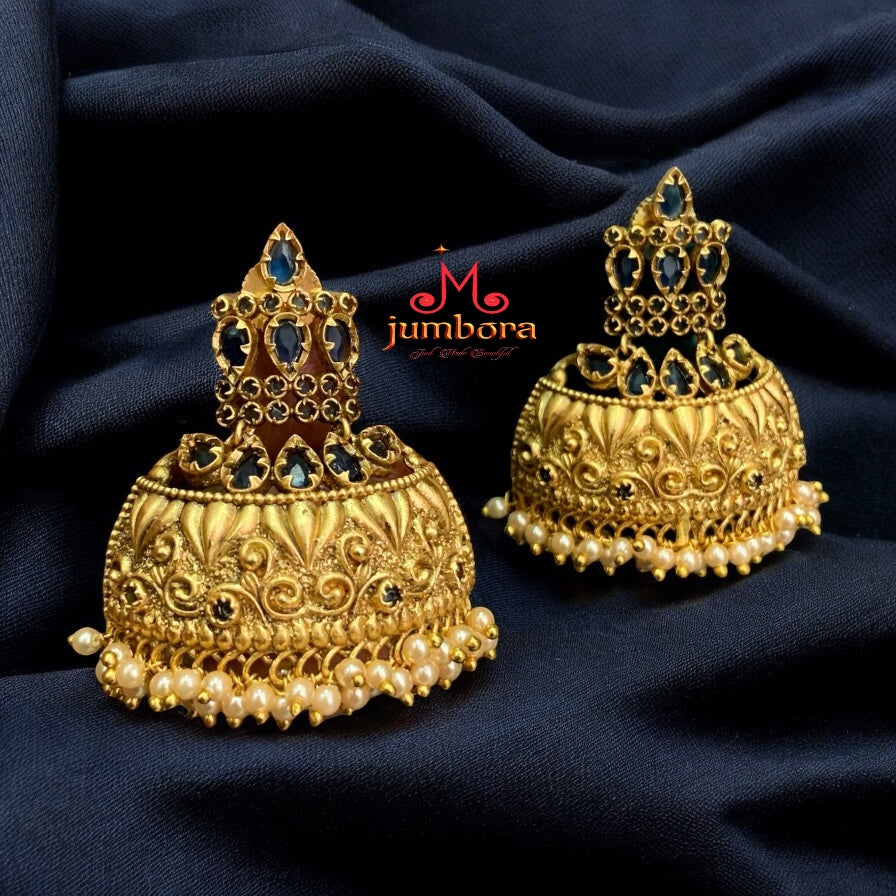 Dark Navy Blue Half Antique Gold Big Jhumka Earring