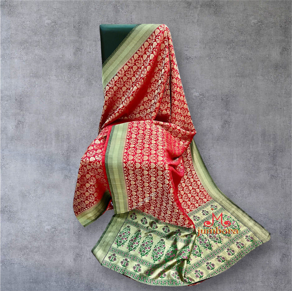 Red & Black Banarasi Georgette Silk Saree with stitched blouse