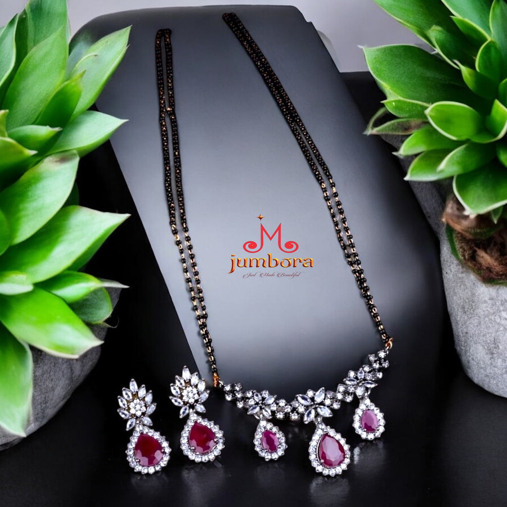 Black Mangalsutra Beads with White & Ruby Red CZ AD Zircon Victorian Pendant set