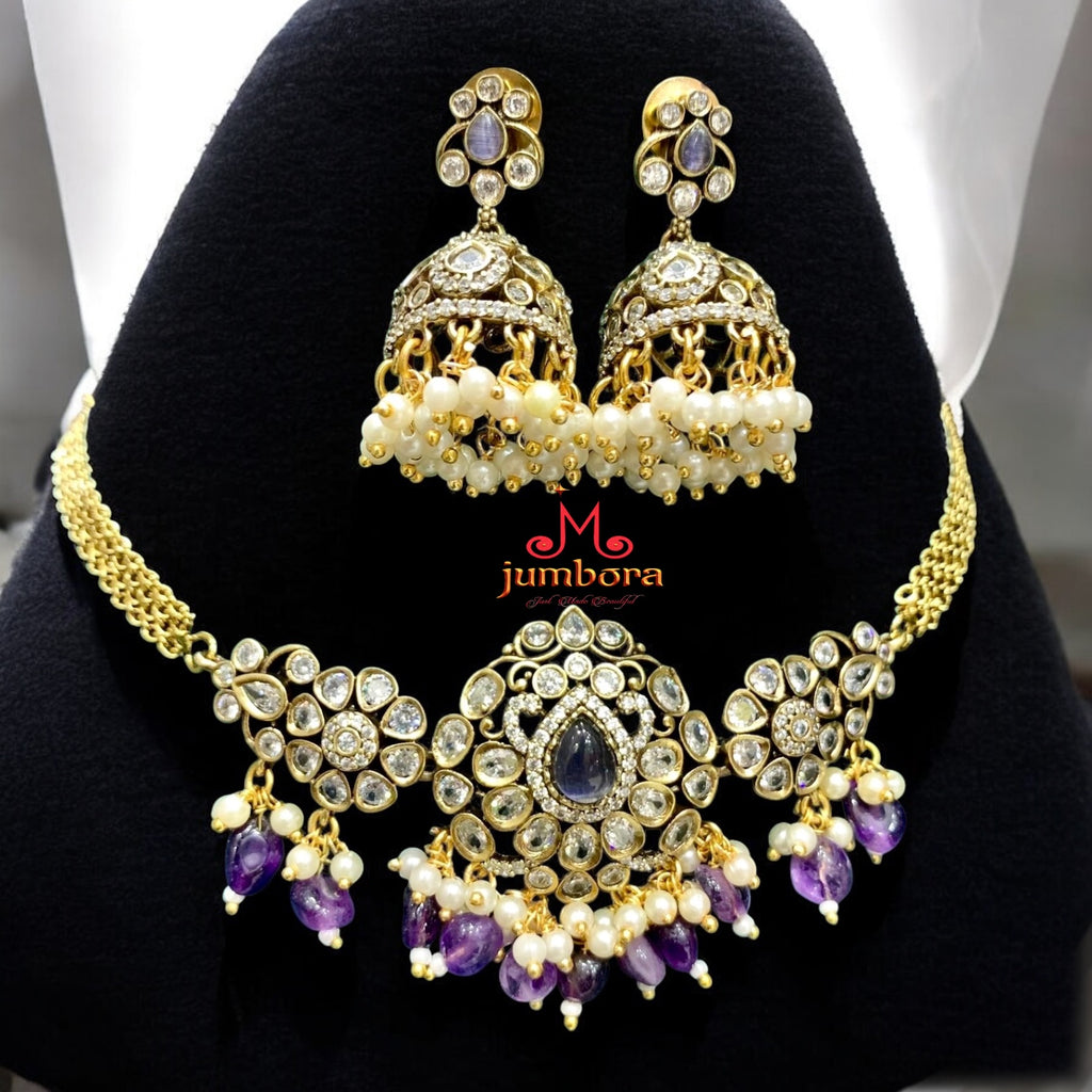 Purple & White CZ AD Zircon Victorian Necklace