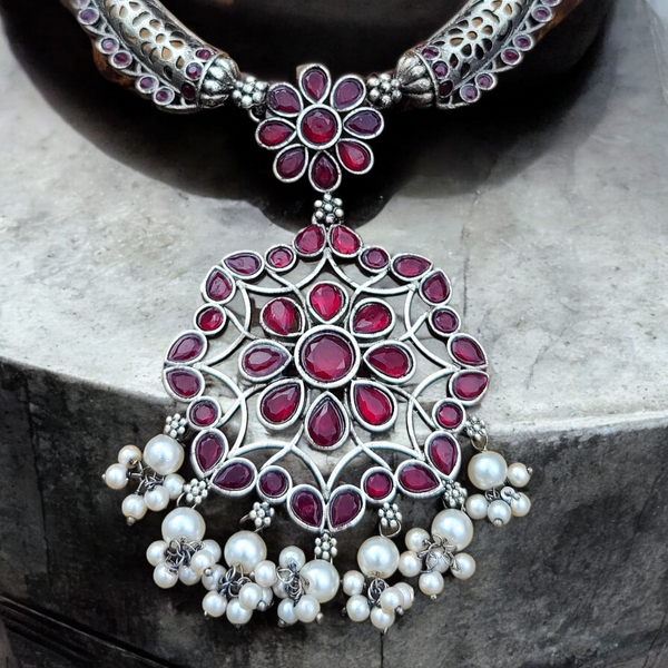 Kante Style Ruby Oxidized German Silver Necklace