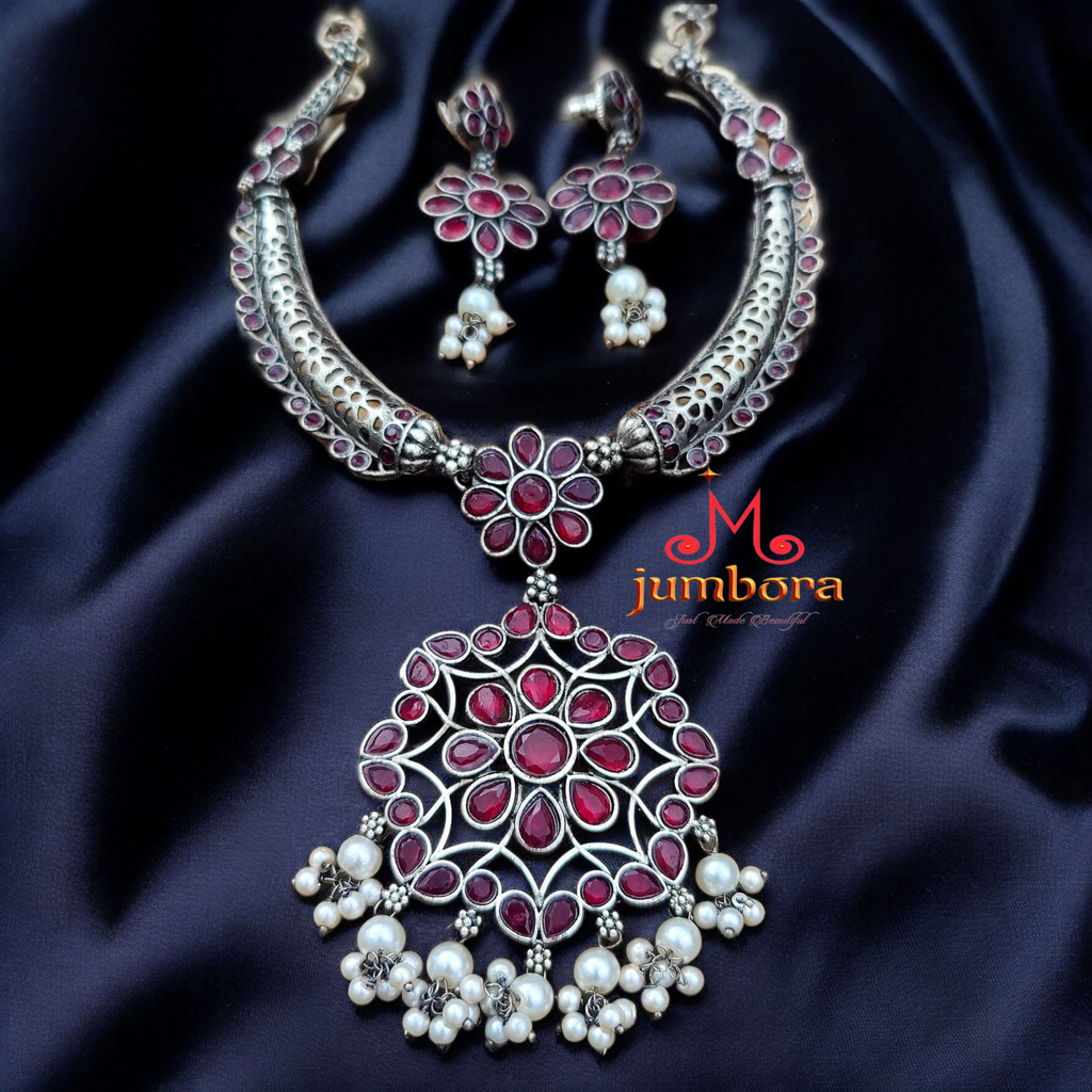 Kante Style Ruby Oxidized German Silver Necklace