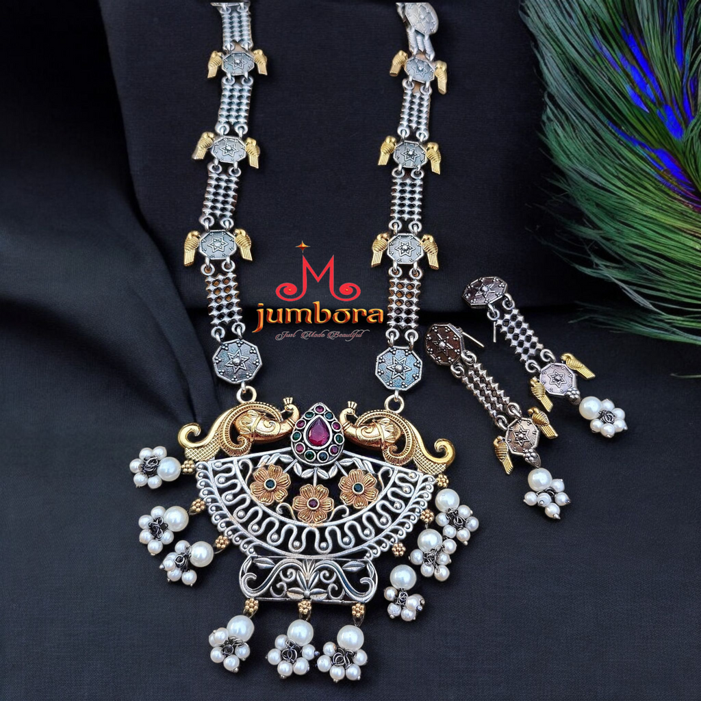 Silver Look Alike (SLA) Dual Tone Oxidized German Silver Red & Green CZ Necklace Set
