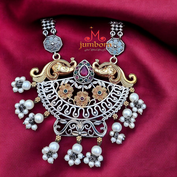 Silver Look Alike (SLA) Dual Tone Oxidized German Silver Red & Green CZ Necklace Set