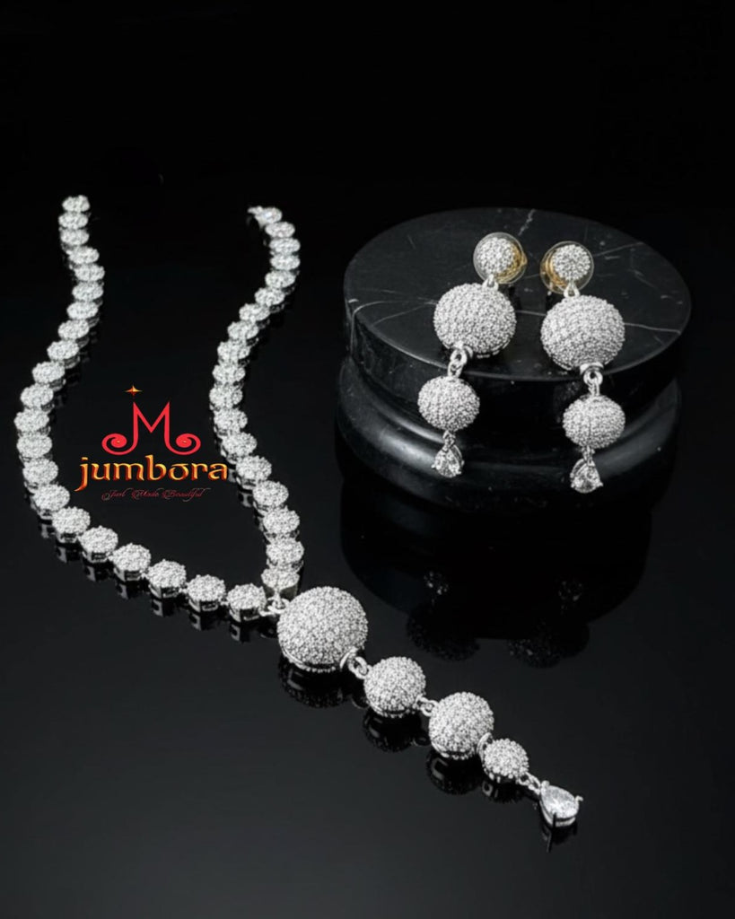 Contemporary Silver Rhodium White CZ Pave Ball Necklace Set