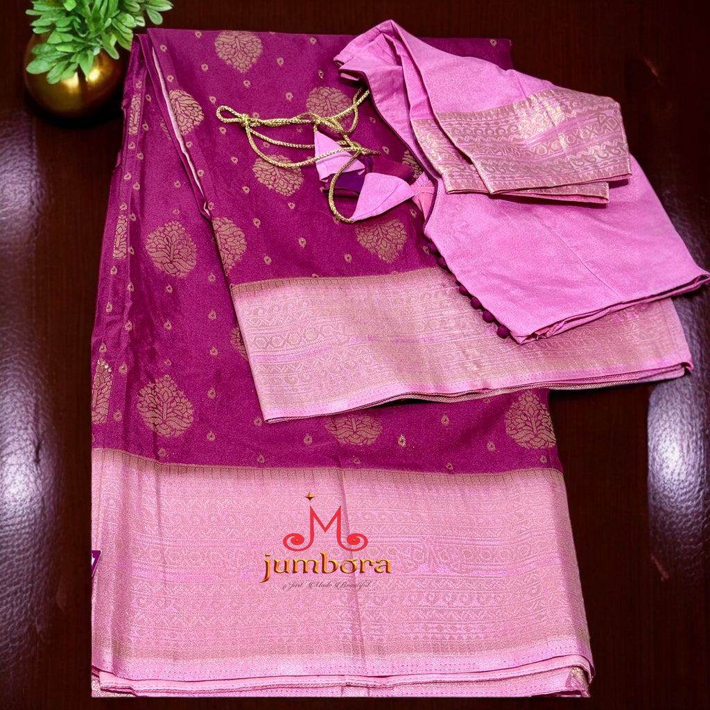 Magenta and Baby pink Banarasi Crepe Silk Saree with stitched blouse