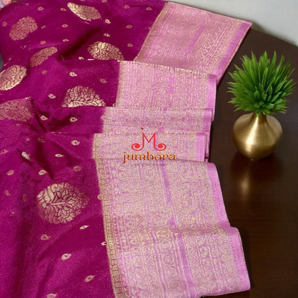 Magenta and Baby pink Banarasi Crepe Silk Saree with stitched blouse