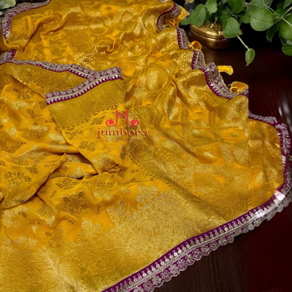 Yellow Banarasi Georgette Saree with Custom Zardosi Lace work and Stitched Blouse