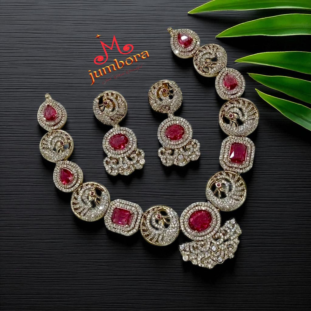Partywear White & Red AD Zircon CZ Victorian Necklace Set