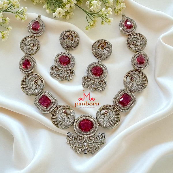Partywear White & Red AD Zircon CZ Victorian Necklace Set
