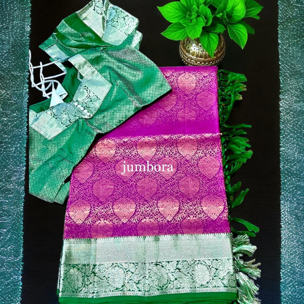 Pink & Green Kanchipuram Pure Silk Handloom silk saree with Stitched Blouse