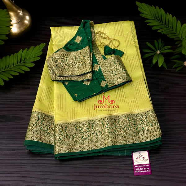 Light Green with Bottle Green Banarasi Dupion Silk Saree with Stitched Blouse