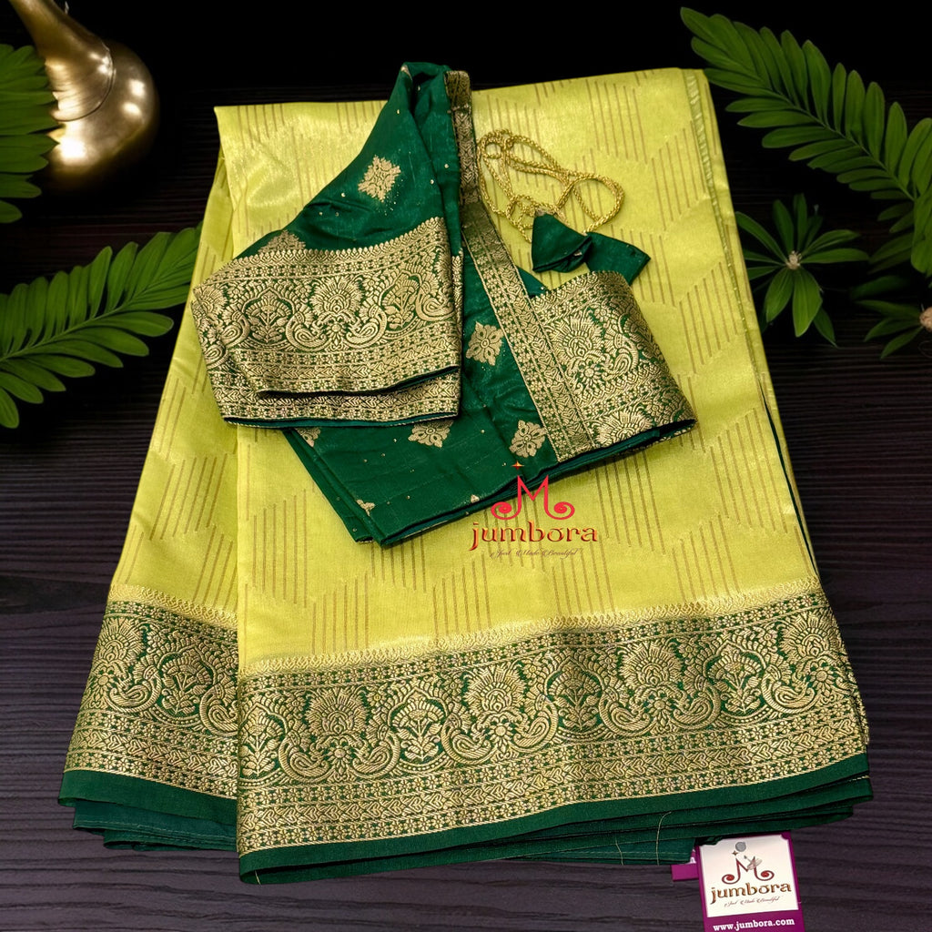 Light Green with Bottle Green Banarasi Dupion Silk Saree with Stitched Blouse