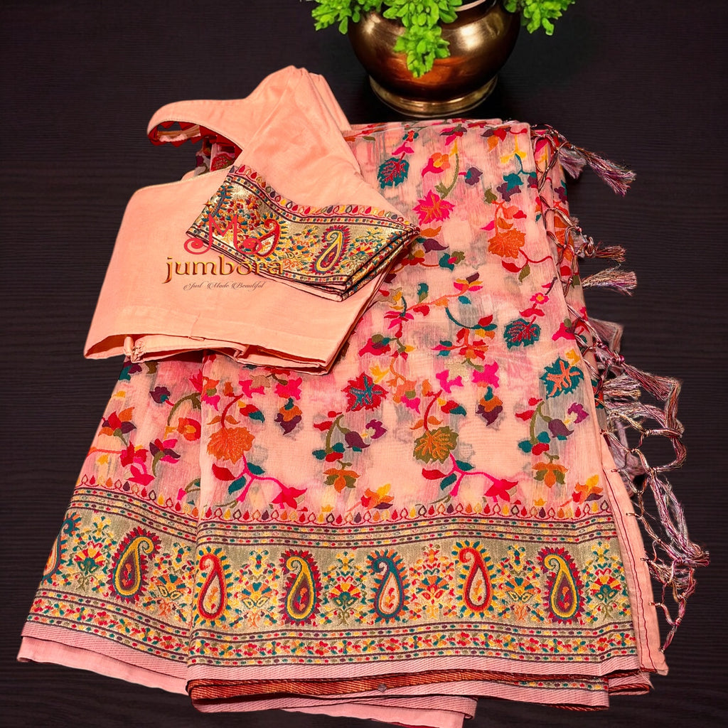 Peach Soft Kashmiri Kani Weaving Saree with Stitched blouse