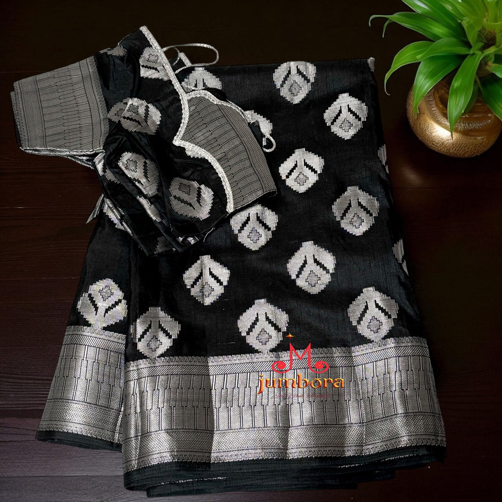 Black with Silver South Tusser Silk Saree with stitched Blouse