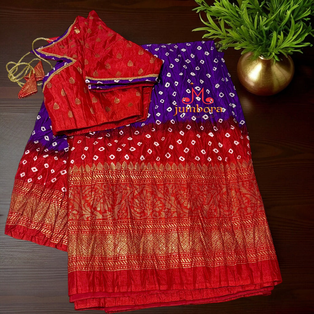 Purple & Red Bandini Crushed Dola Silk Saree with Stitched Blouse