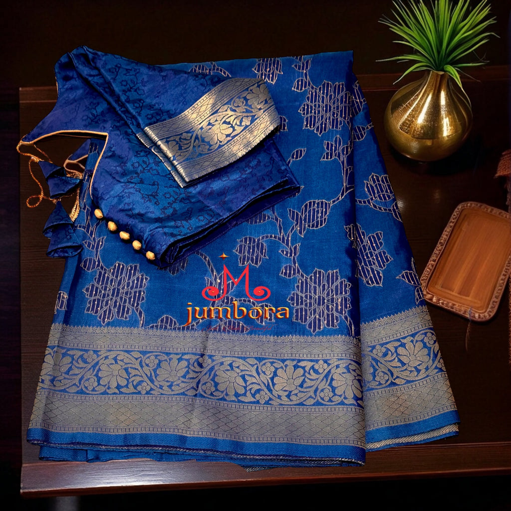 Blue Sequins Banarasi Dupion Silk Saree with Stitched Blouse