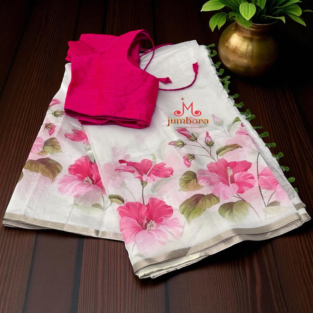 White Designer Digital Floral Print Fancy Silk Saree