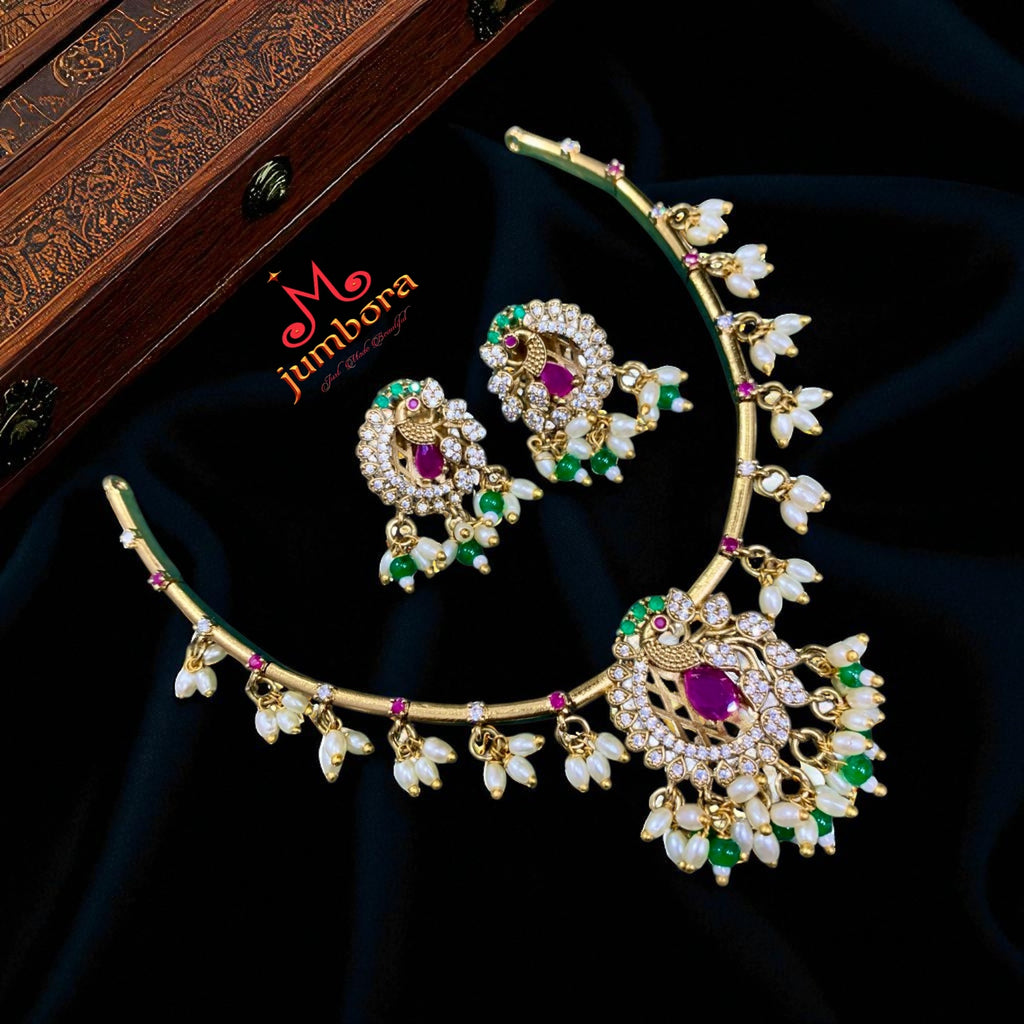 Peacock White, Green & Red CZ Zircon Hasili Necklace set