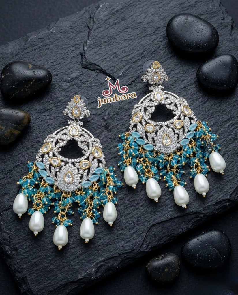 Kundan CZ (Zircon) AD Statement Earrings with Blue Crystal & Pearl Dangle