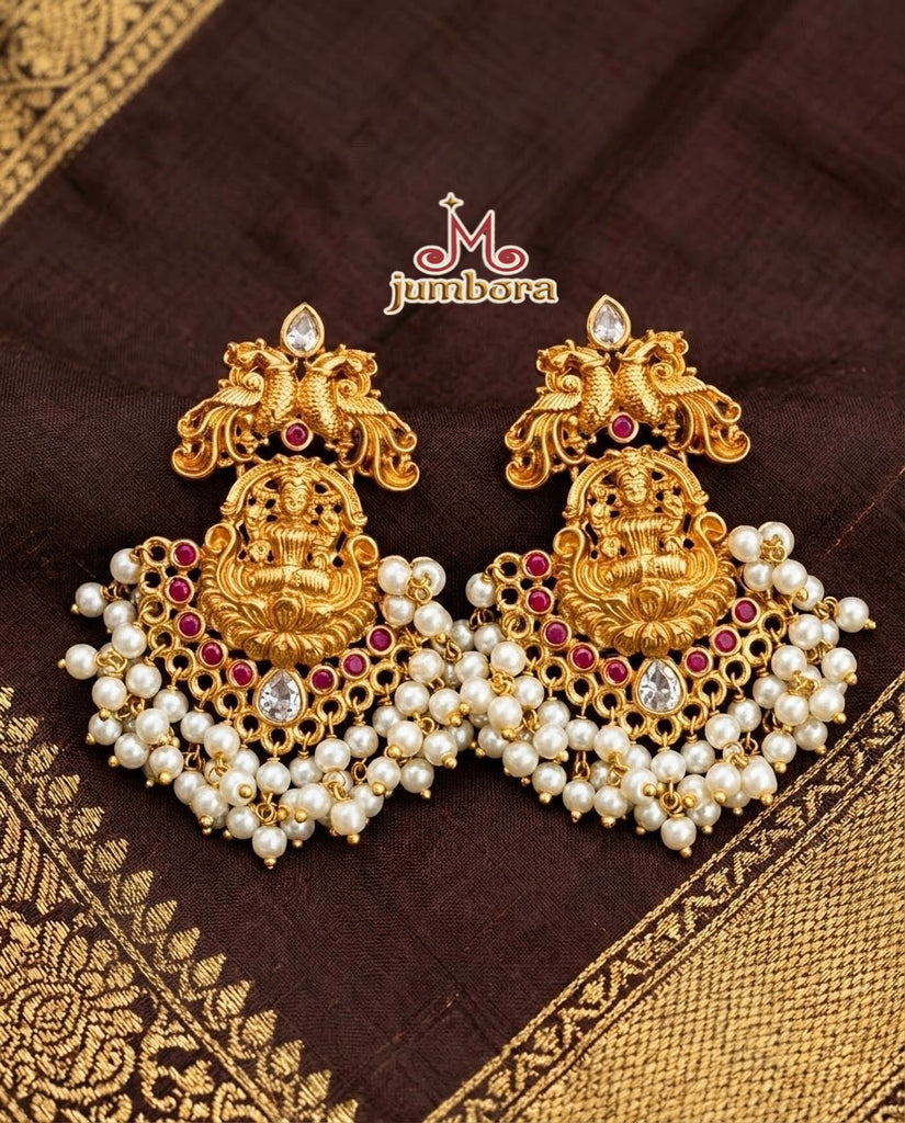 Matte Antique Gold Lakshmi & Peacock Guttapusalu Pearl Temple Jewelry Earrings