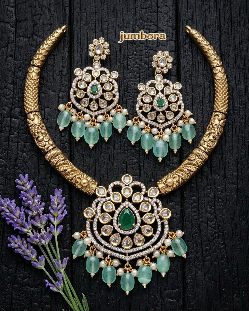 Mint Green Kante (Kanti) CZ (Zircon) American Diamond (AD) Victorian Necklace Set