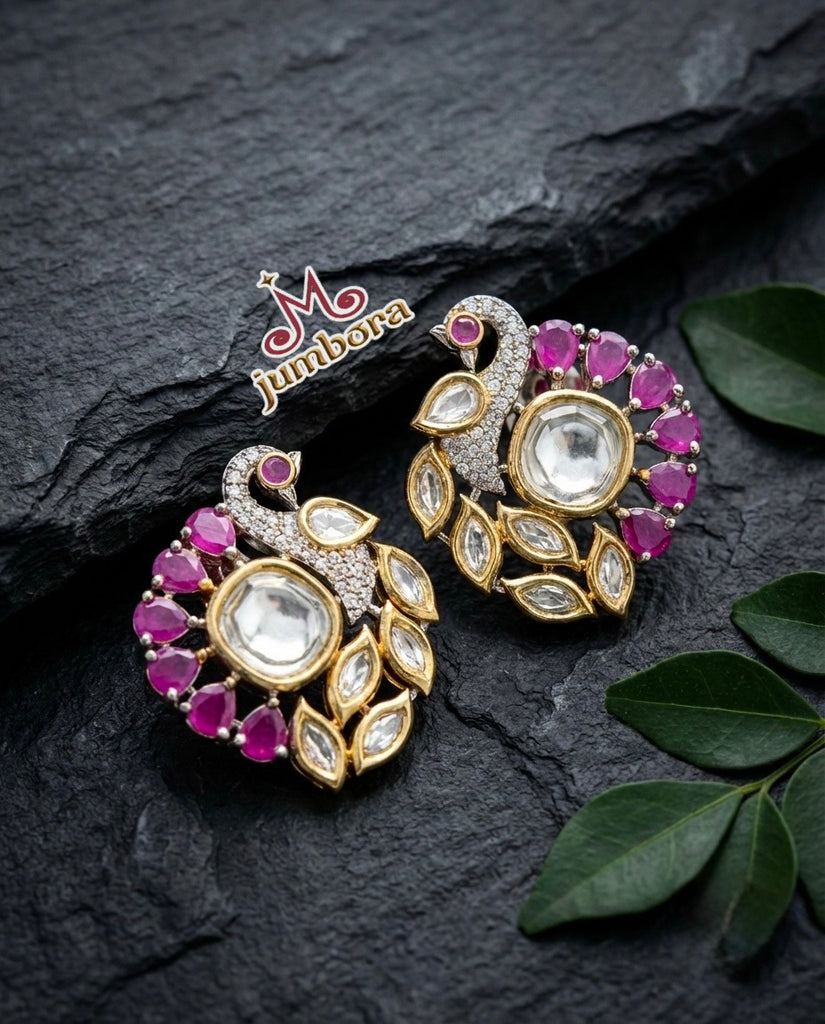 Peacock Kundan & Ruby Pink CZ (Zircon) American Diamond (AD) Stud Earrings