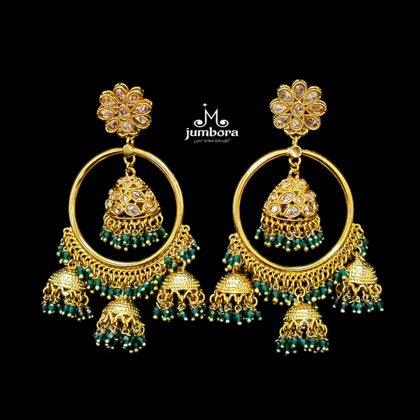 Polki LCD Champagne Stone Triple Jhumka Chaandbali Earring