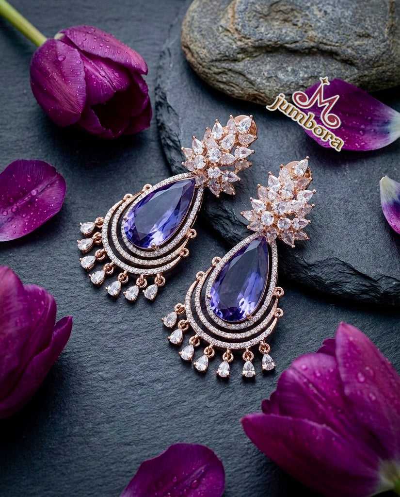Rose Gold Purple & White CZ Teardrop Earrings