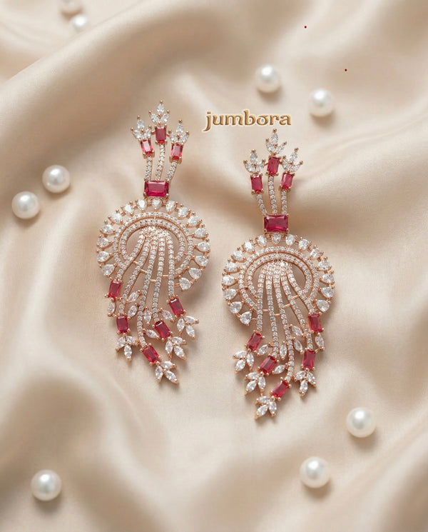 Rose Gold Ruby Red & White CZ Cascading Statement Earrings, burgundy red