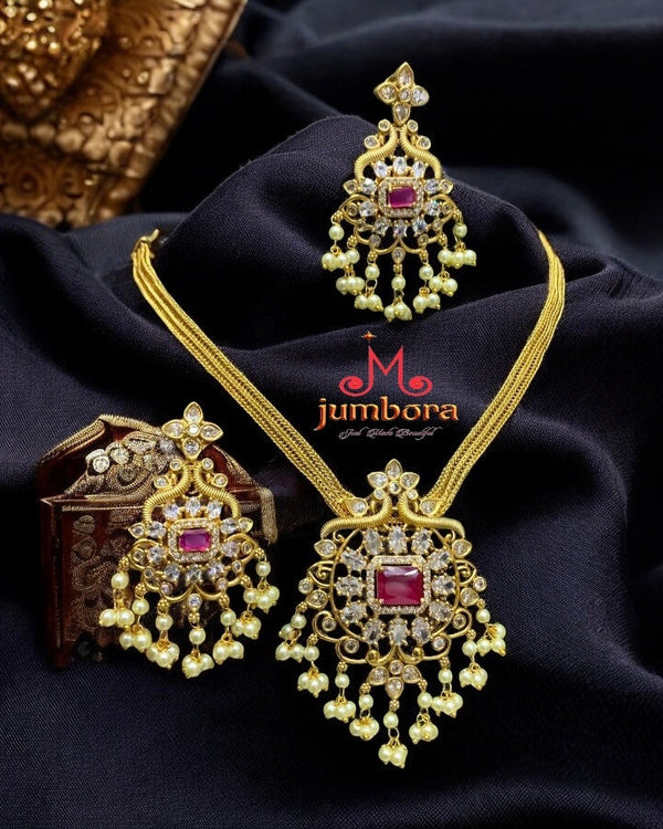 Ruby Red & White AD Zircon CZ Necklace Set On busy