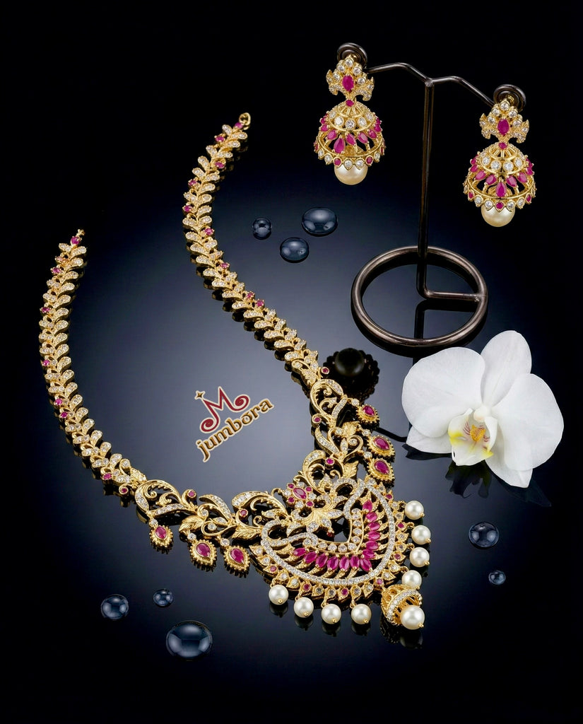 Ruby Red & White CZ Leafy Vine Necklace Set with Jhumkas