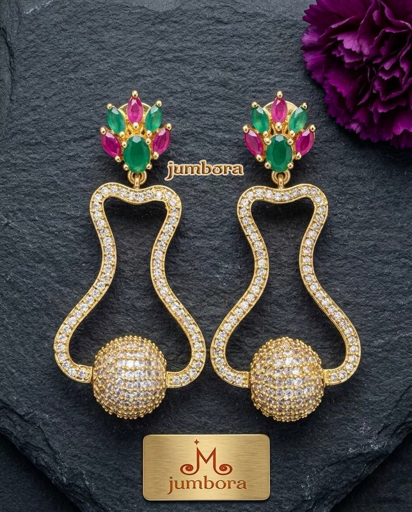 Ruby and Emerald Floral Disco Ball Gold-Tone CZ (Zircon) American Diamond (AD) Drop Earrings