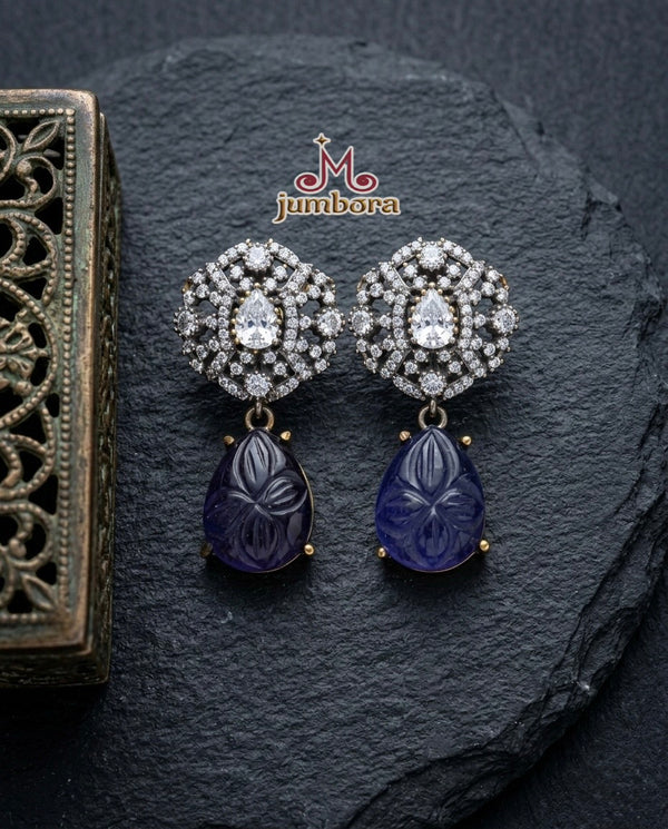 Sapphire Blue Carved Stone White CZ (Zircon) American Diamond (AD) Victorian Earrings full view