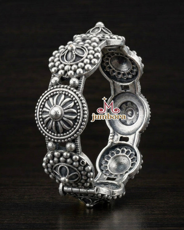 Silver Look-Alike (SLA) Oxidized Silver Floral Openable Kada Bangle Close up view