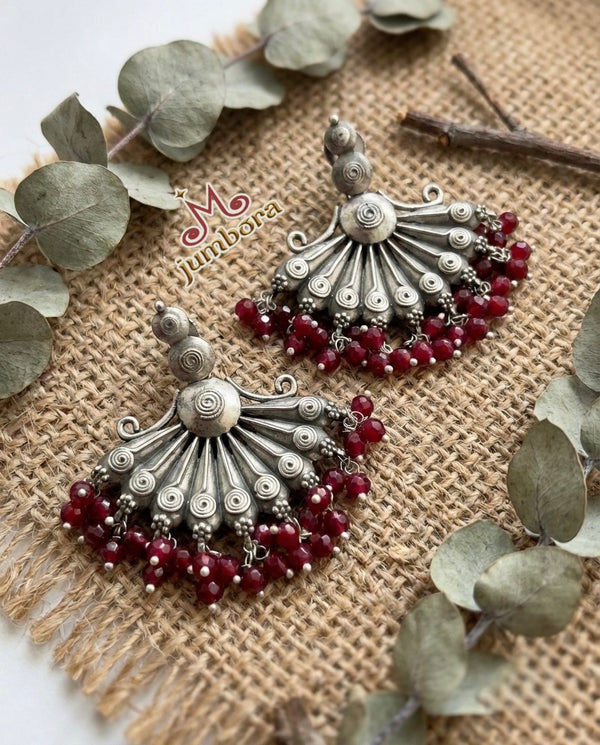 Silver Look Alike (SLA) Oxidized Silver Fan Earrings with Maroon Red Beads Close up view