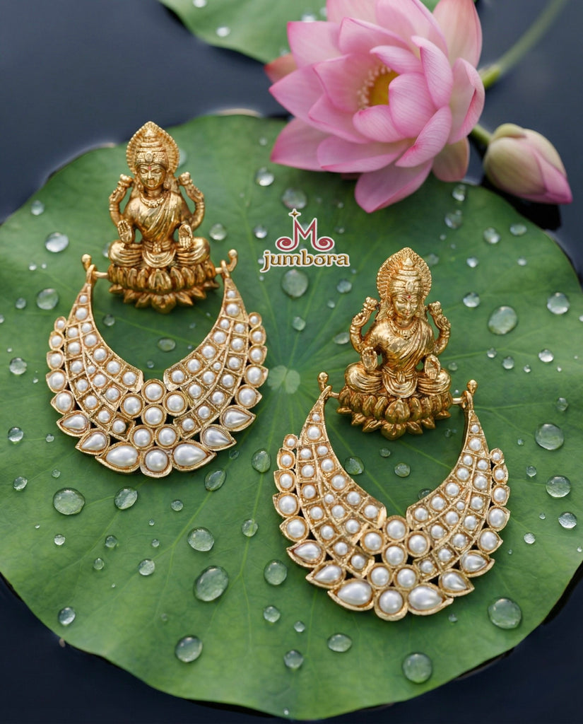 Statement Antique Gold Goddess Lakshmi Pearl Chandbali Earrings