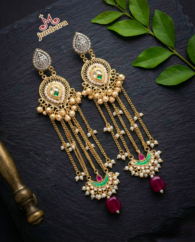 Statement Dual Tone Super Long Jadau Kundan Kashmiri Earrings with cluster pearls 