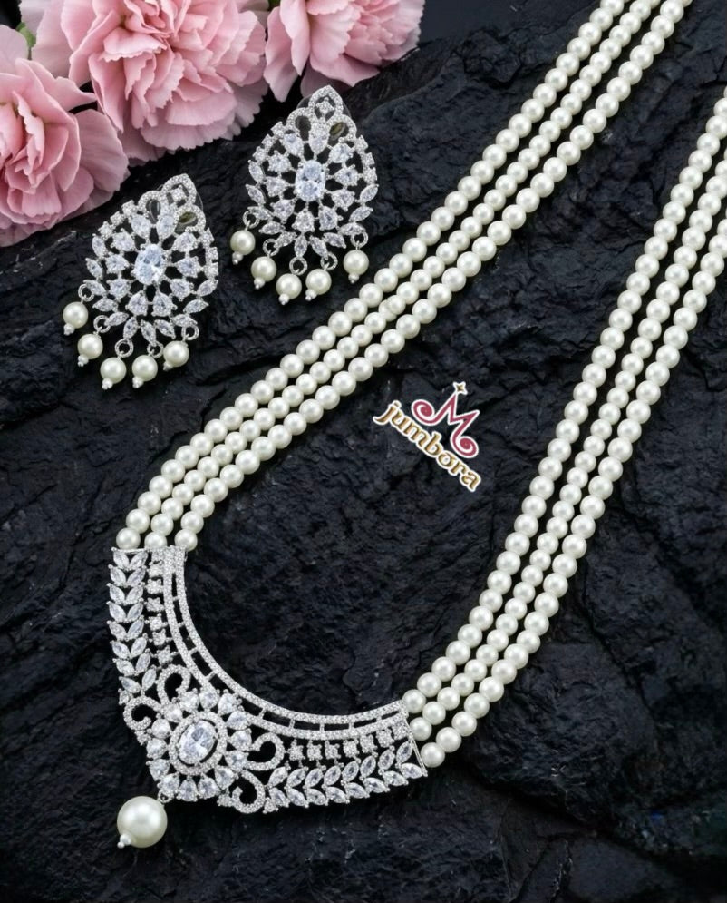 Triple Row White CZ (Zircon) American Diamond (AD) Pearl Mala Set