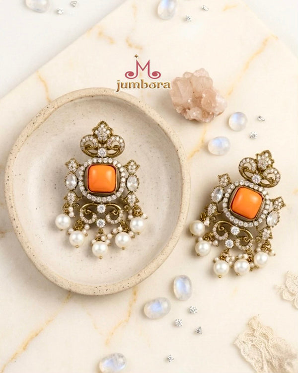 Vibrant Orange Victorian CZ (Zircon) American Diamond (AD) Statement Earrings full view