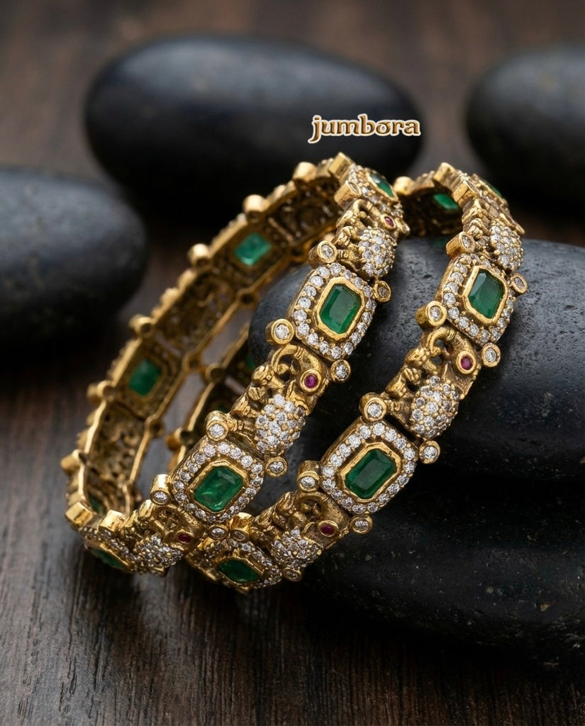Victorian Finish Emerald Green & White CZ Designer Bangles with Elephant Motif