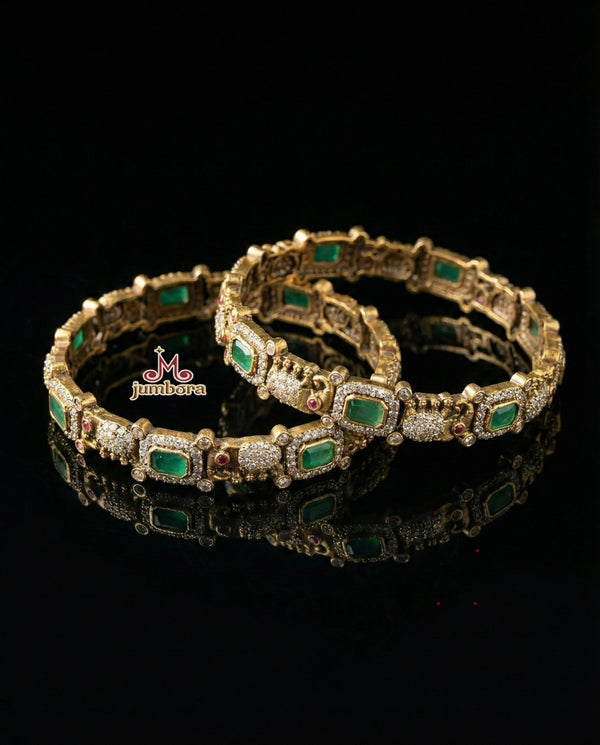 Victorian Finish Emerald Green & White CZ Designer Bangles with Elephant Motif, side view