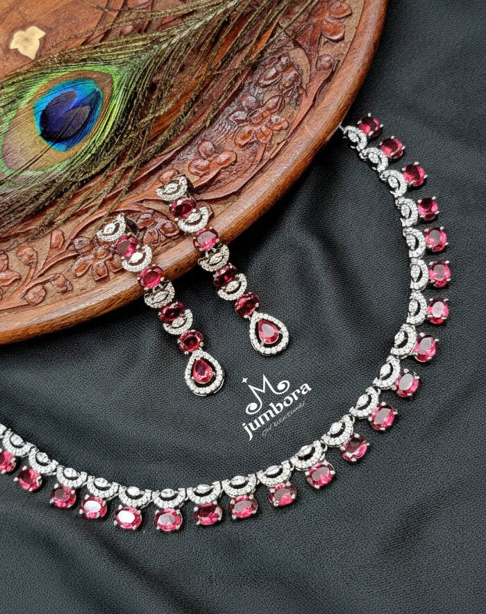 Victorian Finish Ruby Pink & White CZ Necklace Set